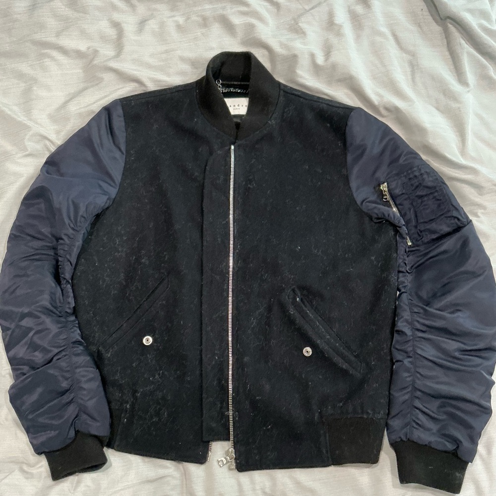 Sandro Black and Blue Bomber Jacket with Quilted Sleeves